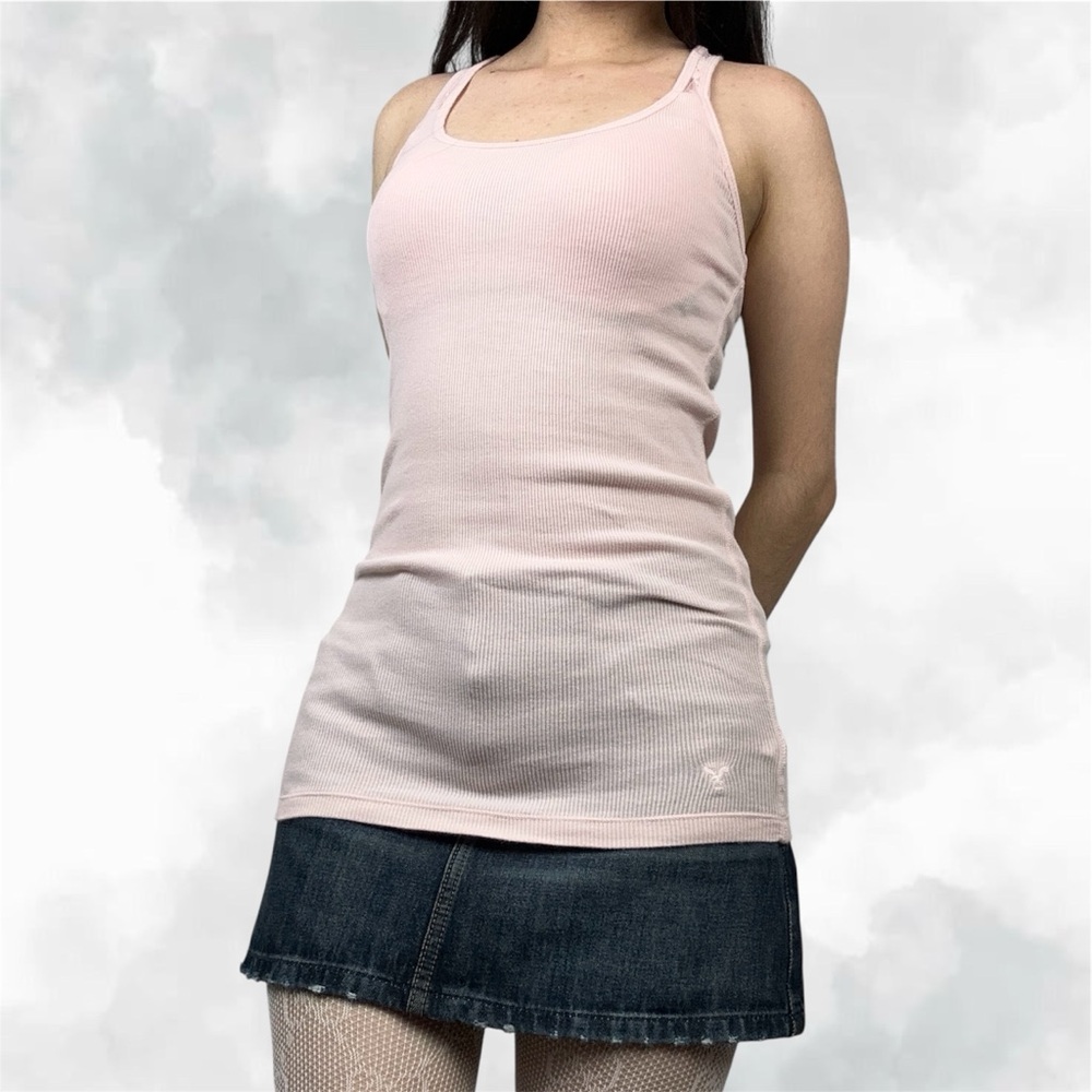 American Eagle Outfitters Coquette Light Baby Pink Ribbed Cotton Lace Tank Top